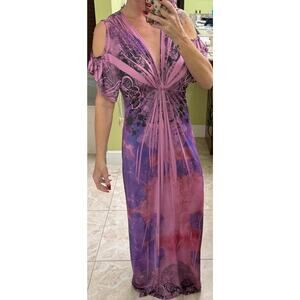 One World NWT medium purple Maxi artsy cold shoulder lace back detail